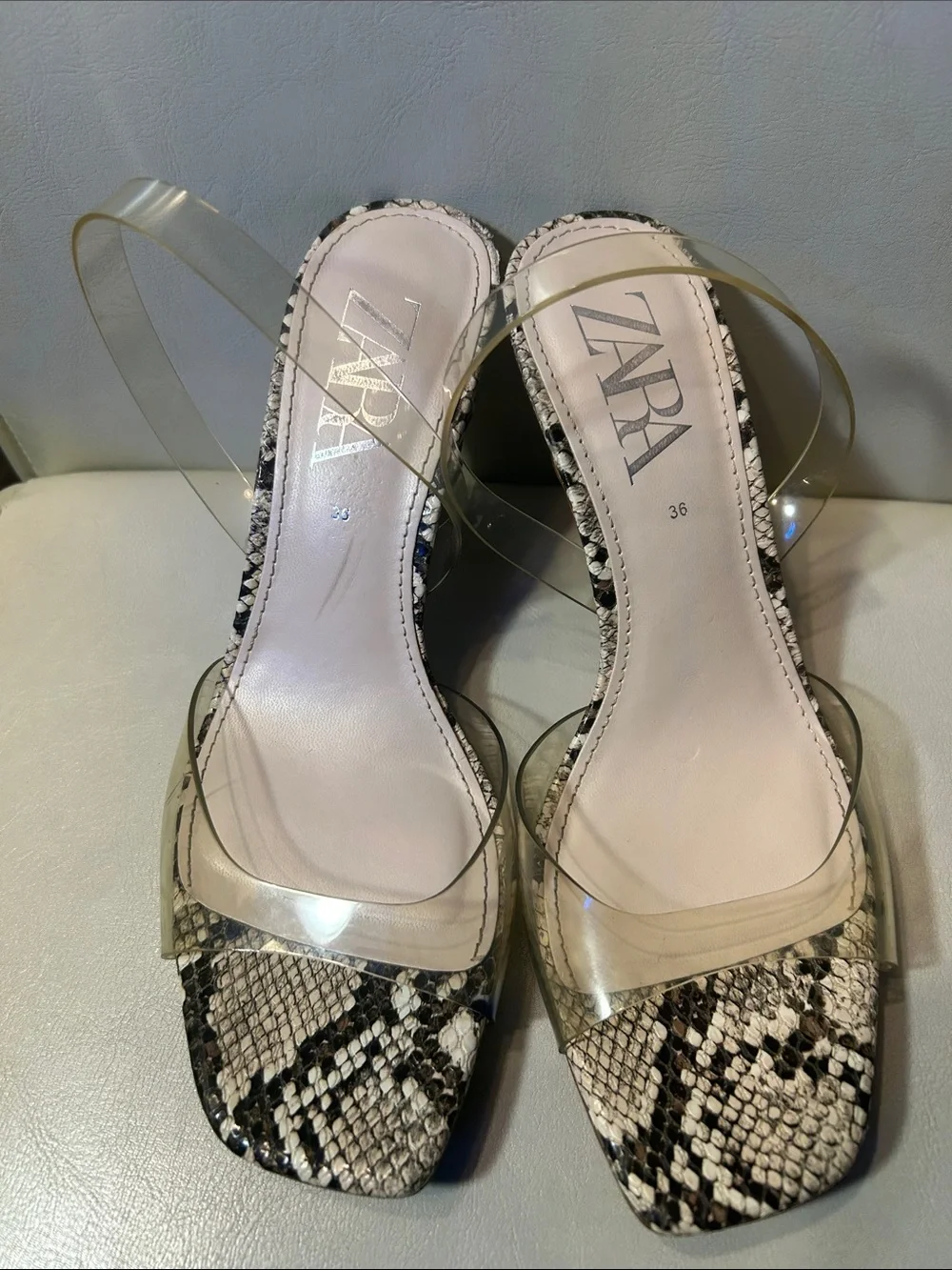 ZARA Clear Strap Snake-Print Women’s Heels — Cream/Tan | Size:EU 36 |3.5 heel - Picture 2 of 9